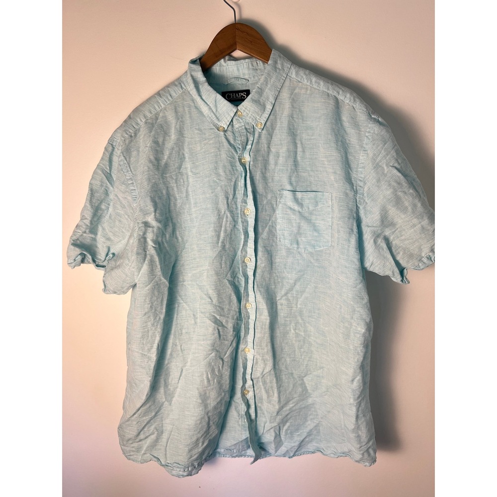 Chaps Button Down Shirt Mens XXL Light Blue Linen Cotton Short Sleeve Casual